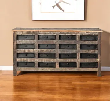 63" Brown and Black Solid Wood 16 Drawer Sideboard