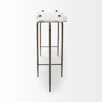 49" White and Brass Genuine Marble and Iron Distressed Six Leg Console Table