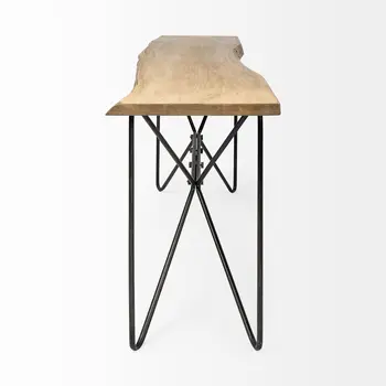 66" Natural and Black Solid Wood and Iron Abstract Base Console Table
