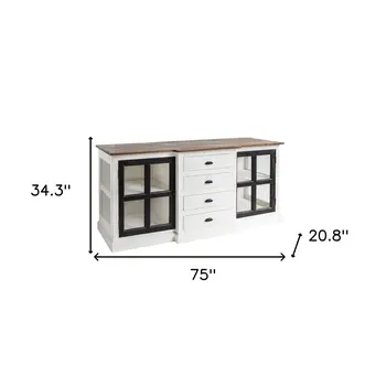 75" Brown Black And White Solid Wood Four Drawer Sideboard with Two Glass Doors