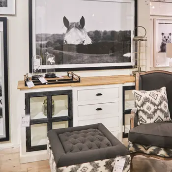 75" Brown Black And White Solid Wood Four Drawer Sideboard with Two Glass Doors