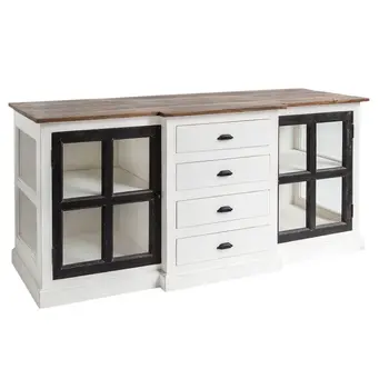 75" Brown Black And White Solid Wood Four Drawer Sideboard with Two Glass Doors