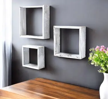 Set Of 3 Square Rustic White Wash Wood Open Box Shelve