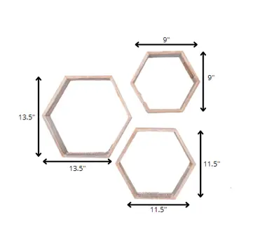 Set of Three Gray Wood Hexagon Wood Open Box Shelves