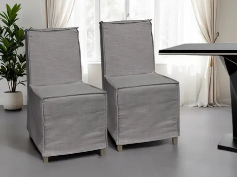 Set Of Two Gray And Brown Slipcovered Wood Parsons Chairs