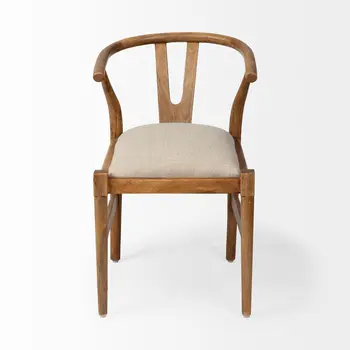 Beige And Brown Upholstered Fabric Wishbone Back