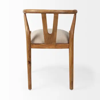 Beige And Brown Upholstered Fabric Wishbone Back