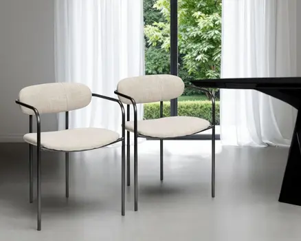 Set Of Two Beige And Gunmetal Upholstered Fabric Open Back Arm Chairs