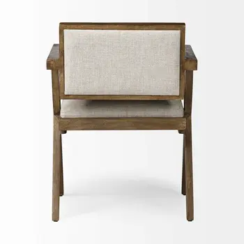 Cream And Brown Upholstered Fabric Open Back Dining Arm Chair