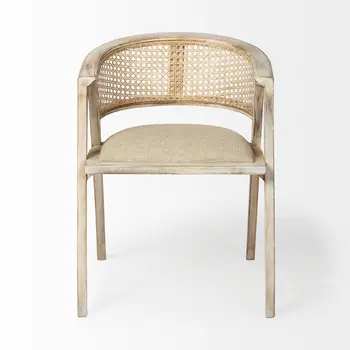Beige And Gray Upholstered Linen Curved Back Dining Arm Chair