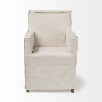 Cream and Brown Slipcovered Upholstered Fabric Dining Arm Chair