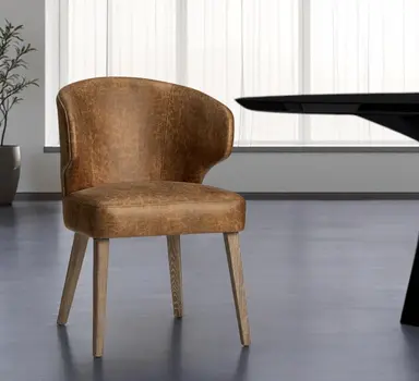 Brown Upholstered Leather Curved Back Dining Arm Chair