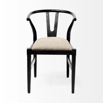 Beige And Black Upholstered Linen Wishbone Back Dining Side Chair