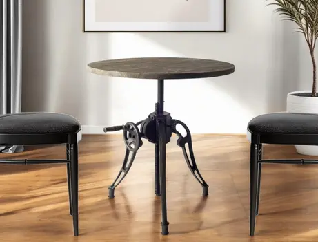 30" Gray And Black Rounded Solid Wood And Metal Three Leg Base Dining Table