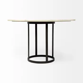 48" White And Black Rounded Marble And Metal Pedestal Base Dining Table