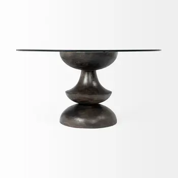 60" Clear And Brown Rounded Glass And Solid Manufactured Wood Pedestal Base Dining Table