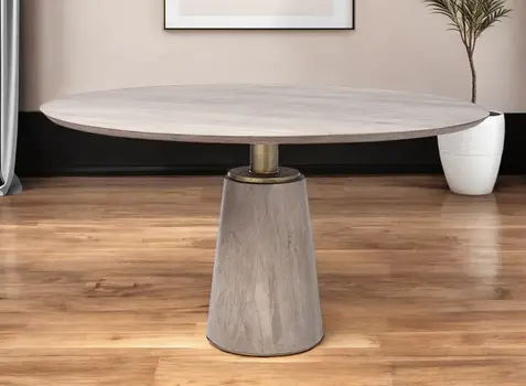 54" Brown And Gold Rounded Solid Wood And Metal Pedestal Base Dining Table
