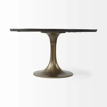 54" Black And Brass Rounded Solid Wood And Metal Pedestal Base Dining Table