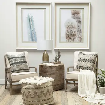 18" Beige Geometric Cube Ottoman
