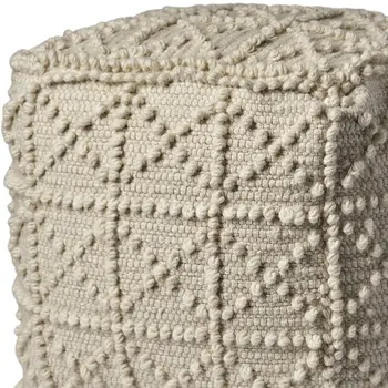 18" Ivory Wool Knubby Geometric Cube Pouf Ottoman