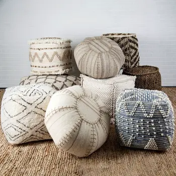 18" Beige Cotton Geometric Pouf Ottoman