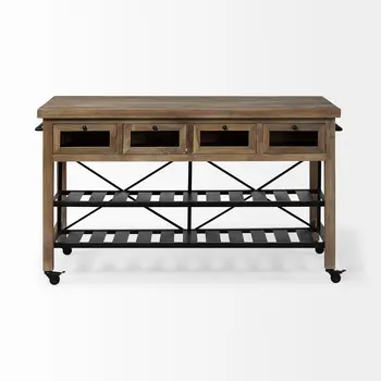 Brown Solid Wood Top Kitchen Island With Two Tier Black Metal Rolling