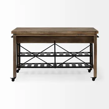 Brown Solid Wood Top Kitchen Island With Two Tier Black Metal Rolling