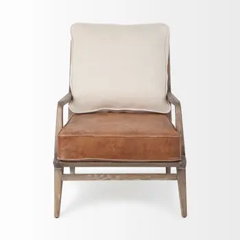 24" Beige and Brown Leather Arm Chair