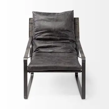 35" Black Leather Distressed Arm Chair