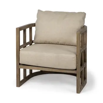 30" Cream and Brown Fabric Arm Chair