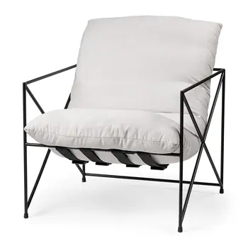 30" Cream and Black Fabric And Metal Arm Chair