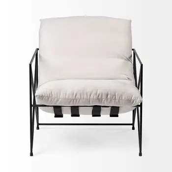 30" Cream and Black Fabric And Metal Arm Chair