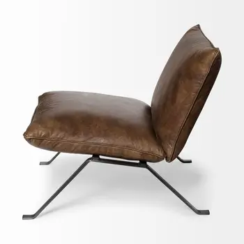 34" Brown and Black Top Grain Leather Distressed Slipper Chair