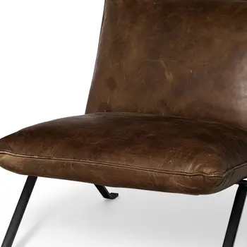 34" Brown and Black Top Grain Leather Distressed Slipper Chair