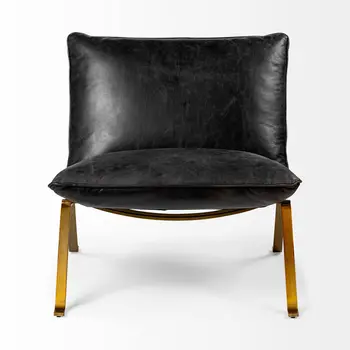 34" Black and Brass Top Grain Leather Distressed Slipper Chair