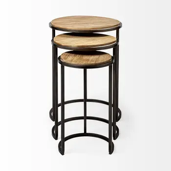 Set of Three 27" Black And Brown Solid Wood Round End Table