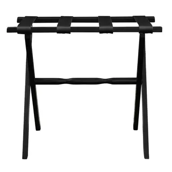Hotel Black Finish Wood Folding Luggage Rack With Black Straps