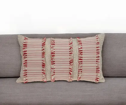 14" X 24" Beige Cotton Throw Pillow With Fringe