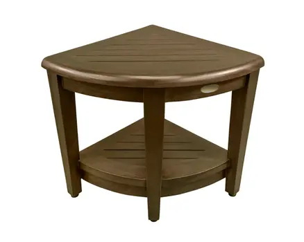 Curvilinear Dark Brown Teak 18" Corner Shower Bench With Shelf
