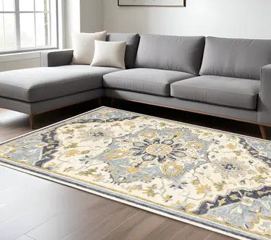 8' X 10' Blue And Ivory Bohemian Rug