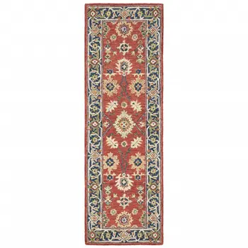 8' Red And Green Wool Hand Tufted Runner Rug