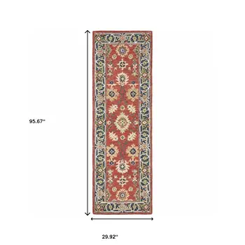 8' Red And Green Wool Hand Tufted Runner Rug
