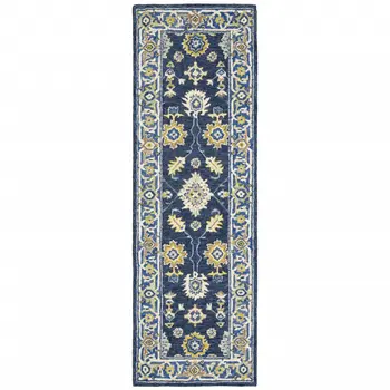 8' Blue And Gold Wool Hand Tufted Runner Rug