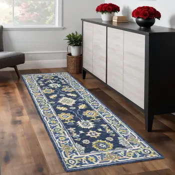 8' Blue And Gold Wool Hand Tufted Runner Rug