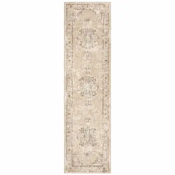 8' Beige And Ivory Medallion Runner Rug