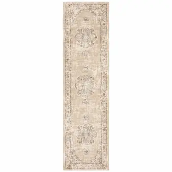 8' Beige And Ivory Medallion Runner Rug