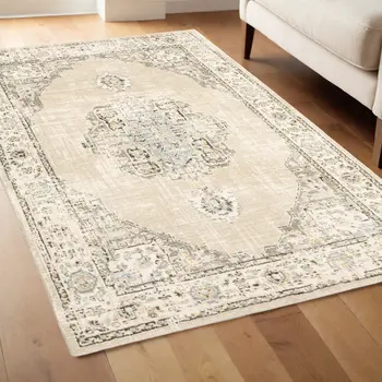 4' X 6' Beige And Ivory Center Jewel Area Rug