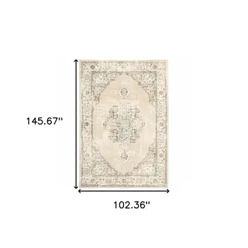 9' X 12' Beige And Ivory Center Jewel Area Rug