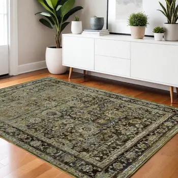 4' X 6' Green And Brown Floral Area Rug