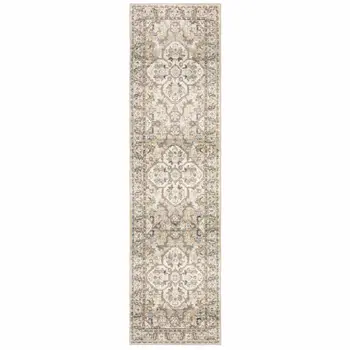 2' X 8' Beige And Ivory Medallion Runner Rug